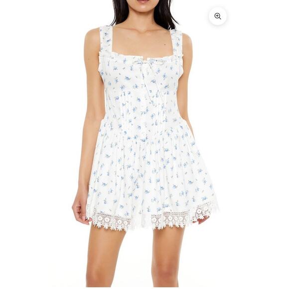 Forever 21 Dresses & Skirts - Floral Dress Blue White Medium Milk Maid Farmhouse Mini Forever 21 Y2K Cottage